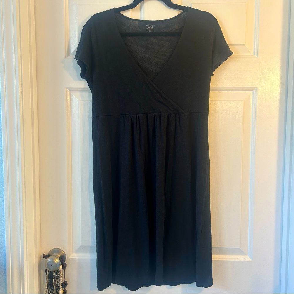 Majestic Filatures Black 100% Linen Dress with V Neck